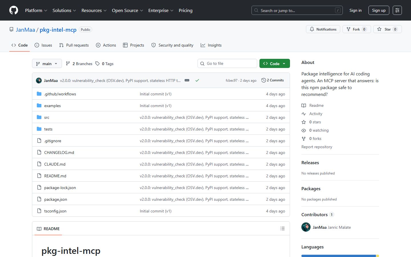 pkg-intel-mcp — Package Intelligence MCP Server workflow